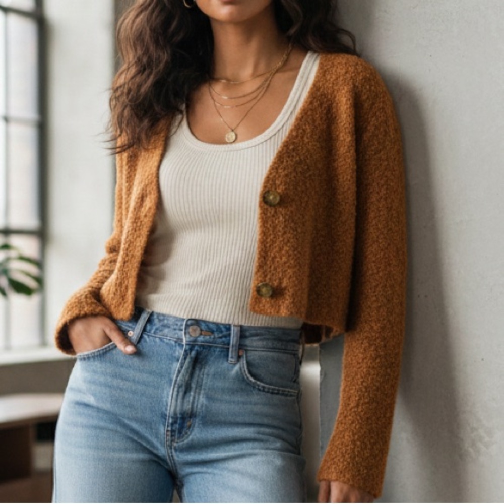 Cropped Boucle Oak + Fort Rust‎ Orange Wool Blend Button Cardigan Size L Large